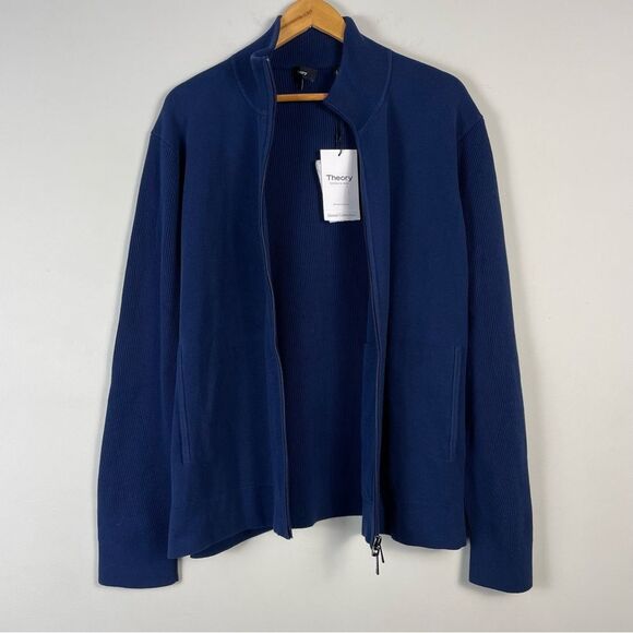 Theory Walton Oragnic Cotton Full Zip ribbed Sweater Size XL NEW Navy - Picture 4 of 15